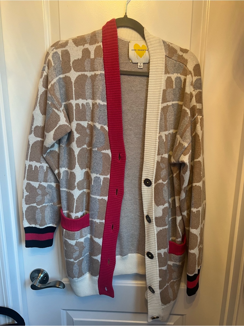 Kerri Rosenthal Cream & Beige Knit Cardigan with Pink Trim